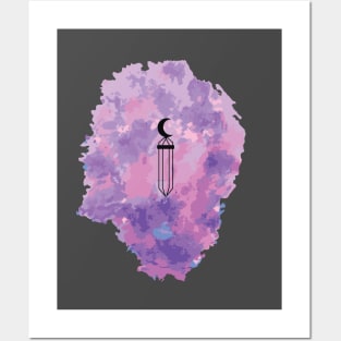 Crystal with a moon in watercolor background Posters and Art